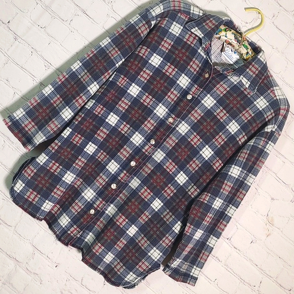 Vintage 80s Waffle Knit Blue Red Plaid Flannel Button Front Shirt Womens Small - Picture 5 of 16